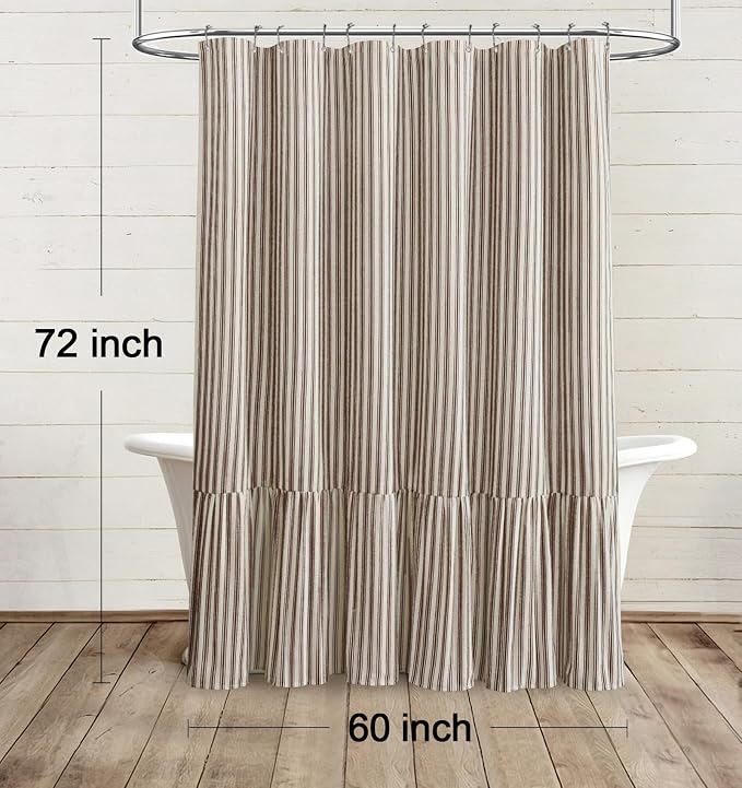 Farmhouse Shower Curtain Ruffle Linen Cream-Brown Stripe 60"W x 72"L | Farmhouse Boho, Striped, Bottom Ruffle, Linen Fabric, Rustic, Country, Natural Look, Washable, for Bathroom Bathtub