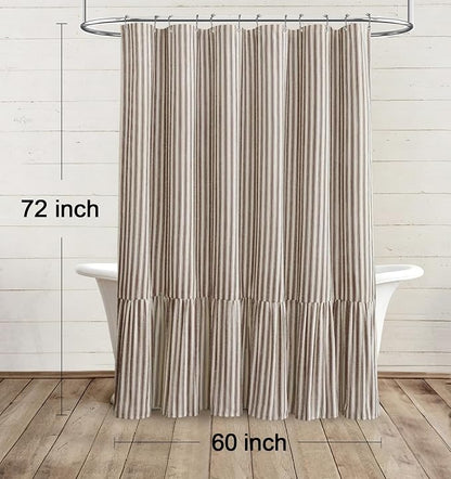 Farmhouse Shower Curtain Ruffle Linen Cream-Brown Stripe 60"W x 72"L | Farmhouse Boho, Striped, Bottom Ruffle, Linen Fabric, Rustic, Country, Natural Look, Washable, for Bathroom Bathtub