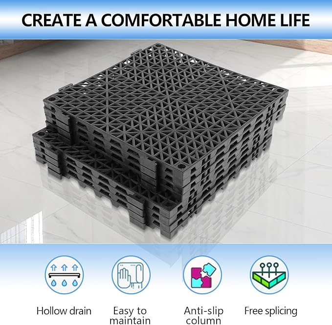 FAHKNS 50 Pack Interlocking Drainage Tiles, 12" x 12" Non-Slip Drainage Interlocking Floor Tiles, PVC Floor for Bathroom, Patio, Toilet, Kitchen Water Prone Areas, Black