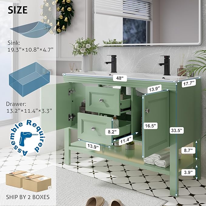 eclife 48" Bathroom Vanity with Sink Combo, Modern Painted Vanities Cabinet w/Wide Opening Storage Shelf, 2 Drawers, Soft Closing Doors and Undermount White Sink Faucet Drain, Green