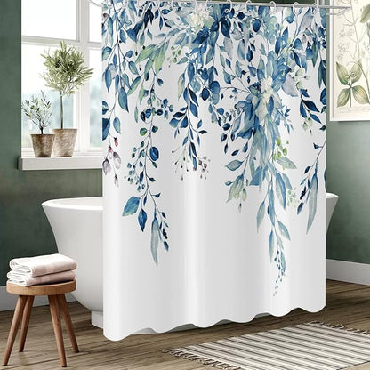 Eucalyptus Shower Curtain, Watercolor Blue Leaves on The Top Plant with Floral Bathroom Curtain Bathtub Home Decor Waterproof Fabric Machine Washable 12 Hooks Blue Eucalyptus Leaf 96''Lx72''W