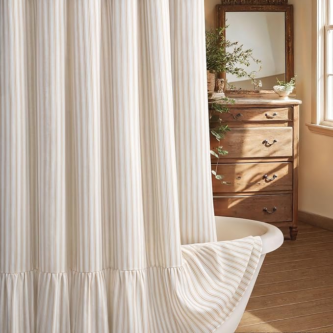 Farmhouse Shower Curtain Ruffle Linen White-Beige Stripe 72"W x 72"L | Farmhouse Boho, Striped, Bottom Ruffle, Cotton Fabric, Rustic, Country, Natural Look, Washable, for Bathroom Bathtub