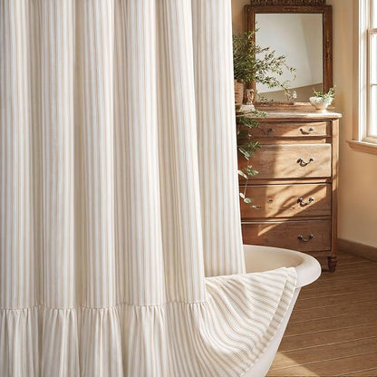 Farmhouse Shower Curtain Ruffle Linen White-Beige Stripe 72"W x 72"L | Farmhouse Boho, Striped, Bottom Ruffle, Cotton Fabric, Rustic, Country, Natural Look, Washable, for Bathroom Bathtub