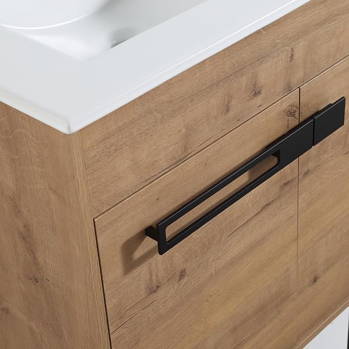 SSLine 2-in-1 Wall Mounted & Free Standing Bathroom Vanity with Sink Modern 24" Bathroom Vanity with Top Basin&Storage Cabinet Brown Oak Wood Bath Vanity w/Ceramic Sink for Small Space-Legs Removable