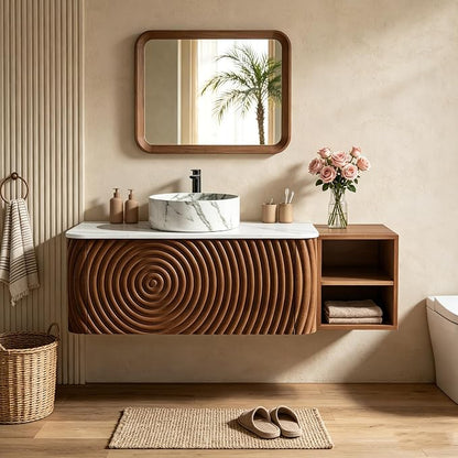 48" Floating Bathroom Vanity with Sink, Mid-Century Wall Mounted Bathroom Vanity Cabinet with Wood Waved Decor,Marble Ceramic Basin and Sintered Stone Top, Soft Close Drawer, Side Open Cube