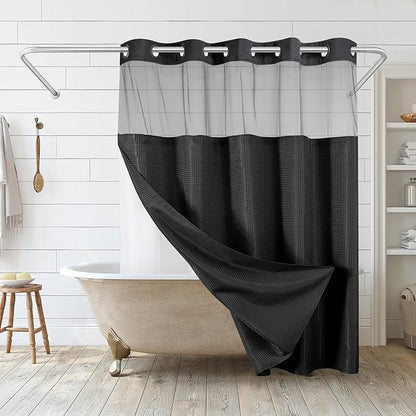 Americanflat 72x75 Hookless Waffle Pattern Shower Curtain - Water-Resistant Long Shower Curtain with Sheer Panel, Snap-in Liner, and Durable Grommets - 100% Polyester - Black