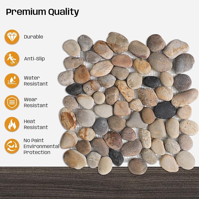 Pebble Tile for Shower Floor, Brown Stone Pebble Mosaic Tile Tumbled | Slip-resistant Pebble for Bathroom, Kitchen, Shower Floors, Walls & Outdoor Areas, Mesh-Backed Easy to Install, 5 SqFt