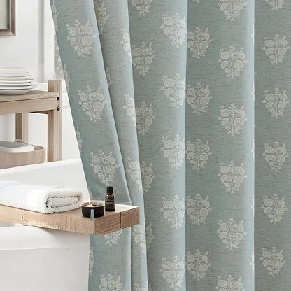 ORTIGIA Linen Textured Ruffle Shower Curtain with Metal Hooks, Blue Vintage Block Print Floral Boho Waterproof Bath Curtain for Rustic Farmhouse Bathroom Decor 72x72 Inch