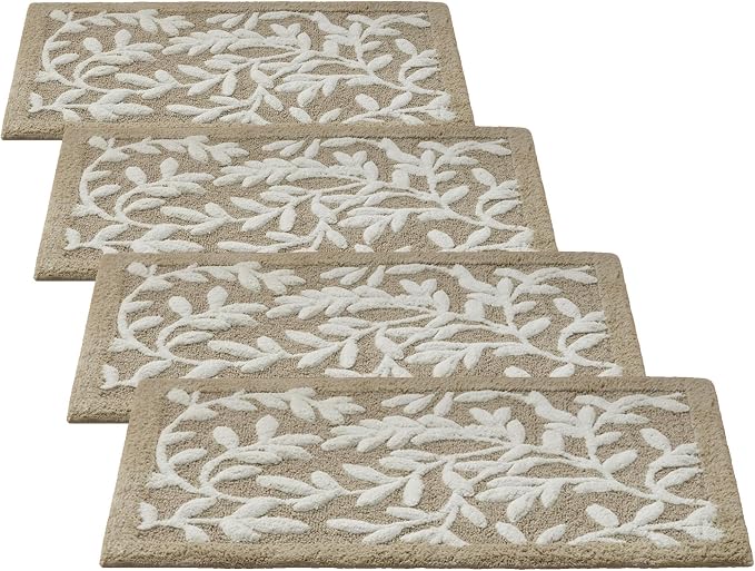 Madison Park Serene 100% Cotton Tufted Bathroom Rug-High & Low Tufting Floral Leaf Design, Quality Luxurious Plush Medium Pile Bath Mat Absorbent, Quick Dry, Shower Room Décor, 21x34 Taupe(Pack of 4)
