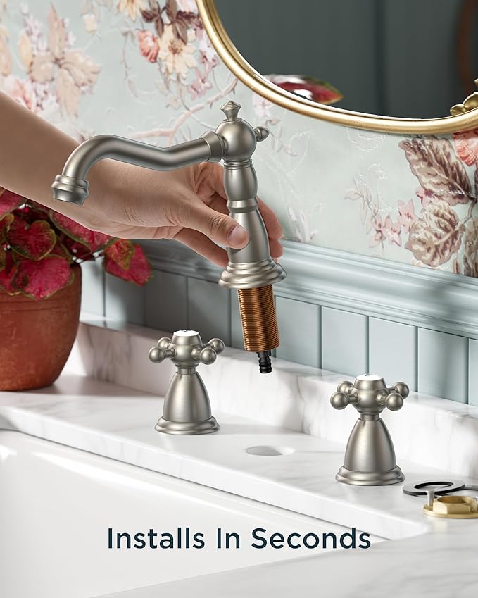 FORIOUS Brushed Nickel 3 Hole Bathroom Sink Faucets 2 Cross Handles, 8 Inch Widespread Antique Brass Viantage Bathroom Faucet for RV Vanity Farmhouse with Metal Pop Up Drain and Supply Lines