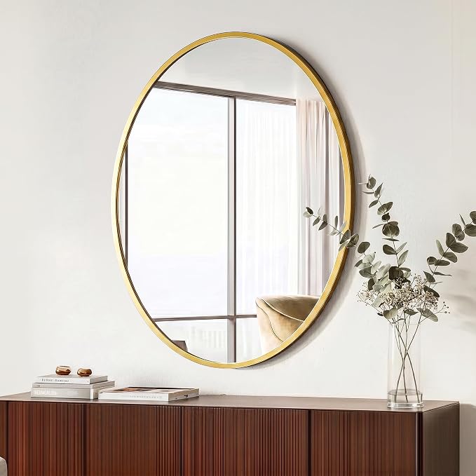 Oval Bathroom Mirror for Wall, 22"x28" Gold Bathroom Vanity Mirror | HD Shatterproof Glass, Metal Framed, Oval Vanity Mirrors for Bathroom, Bedroom, Living Room, Entryway, Horizontal or Vertical
