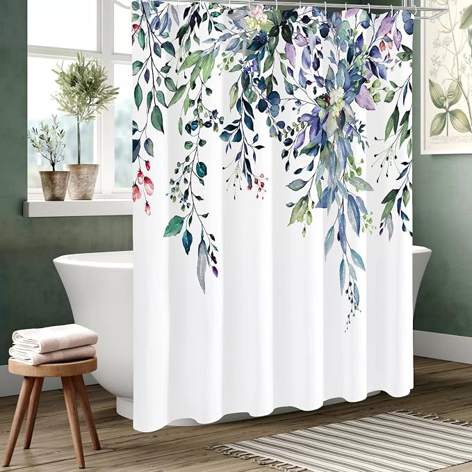 Green Eucalyptus Shower Curtain, Watercolor Floral Print, 72x78 | Watercolor Plant Leaves Floral Print, Long Waterproof Fabric Bathroom Decor, Machine Washable, Rustproof Grommets