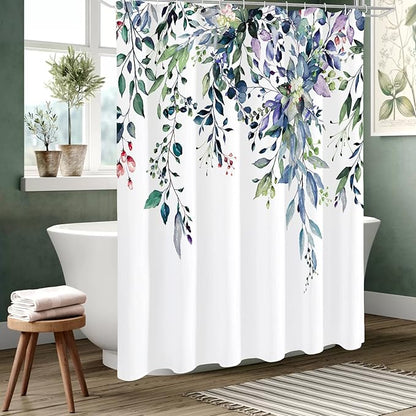 Green Eucalyptus Shower Curtain, Watercolor Floral Print, 72x72 | Watercolor Plant Leaves Floral Print, Waterproof Fabric Bathroom Decor, Machine Washable, Rustproof Grommets