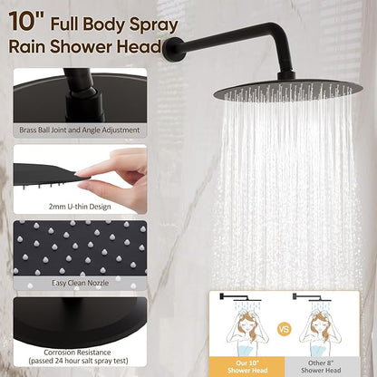 Matte Black Shower System with Tub Spout and 10-Inch Shower Head | All Metal Wall Mounted Bathroom Shower Faucet Set, High Pressure Shower Head and Handheld Combo Set Include valve and Trim