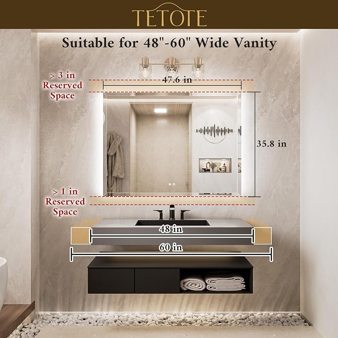 48 x 36 LED Mirror Backlit, Beveled Bathroom Mirror with Backlight, Safe Tempered Glass, 3 Color Temperature, Defogger, Dimmable, Memory Function, UL-Listed, Wall-Mounted Vanity Mirrors