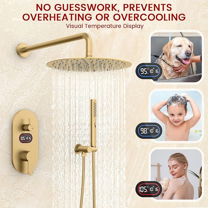 Round Shower Faucet Set with Hydro Power Temperature Display, Shower System Bathroom 12 Inch Shower Head with Handheld Spray, Wall Mounted Shower Fixtures with Shower Valve and Trim Kit, Brushed Gold