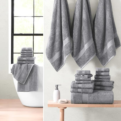 LANE LINEN Towel Set Soft Absorbent Quick Dry 100% Cotton 24 Piece - Grey | Cotton Bath Towels - Lightweight & Breathable, Fade-Resistant Color, Classic Terry Weave, Densely Woven & Durable