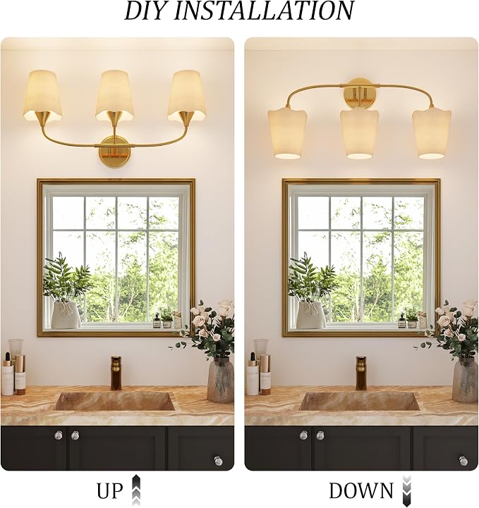 Morauroral Bathroom Light Fixtures, 3 Light Gold Vanity Light for Bathroom, Modern Sconce Wall Light with Scalloped Linen Fabric Shade, Rustic Vanity Light Fixtures for Mirror, Living Room(ETL Listed)