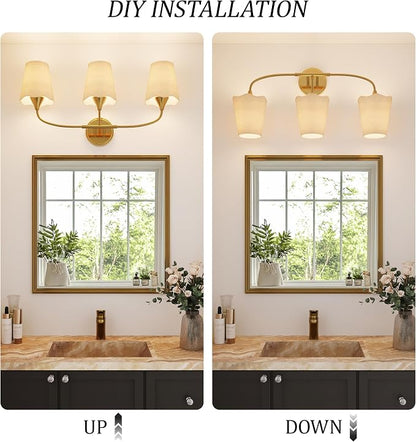 Morauroral Bathroom Light Fixtures, 3 Light Gold Vanity Light for Bathroom, Modern Sconce Wall Light with Scalloped Linen Fabric Shade, Rustic Vanity Light Fixtures for Mirror, Living Room(ETL Listed)