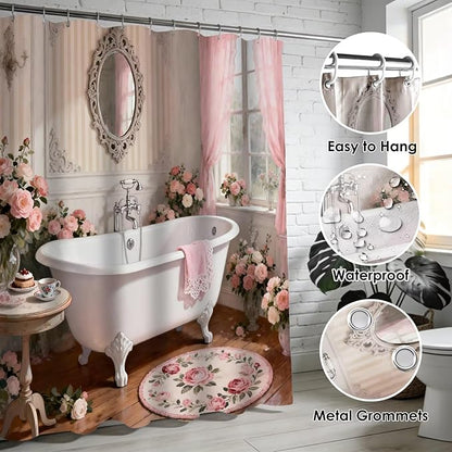 DDQQ 4 Pcs Pink Rose Shower Curtain Floral Bathroom Sets with Shower Curtain and Rugs Romantic Flowers Shower Curtain Set Women Bathroom Decor Bathroom Rug Set Toilet Lid Cover Hooks