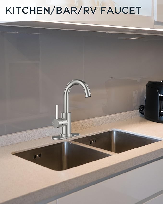 FORIOUS Single Handle Bathroom Sink Faucet 1 or 3 Hole Brushed Nickle, 360° Swivel Gooseneck Spout, Lead-Free, with cUPC Hose and Metal Pop Up Drain, Suitable for Bar Kitchen RV Vanity