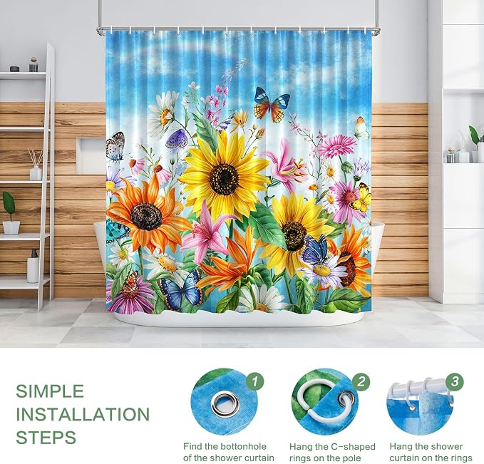 Shower Curtain Sunflowers Waterproof for Bathroom with Hooks 72x72 | Vibrant Colorful Floral Butterly Shower Curtain Washable Polyester Fabic Home Farmnouse Office Decor Bath Curtains