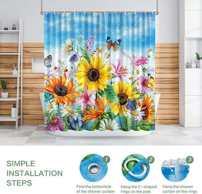Shower Curtain Sunflowers Waterproof for Bathroom with Hooks 72x72 | Vibrant Colorful Floral Butterly Shower Curtain Washable Polyester Fabic Home Farmnouse Office Decor Bath Curtains