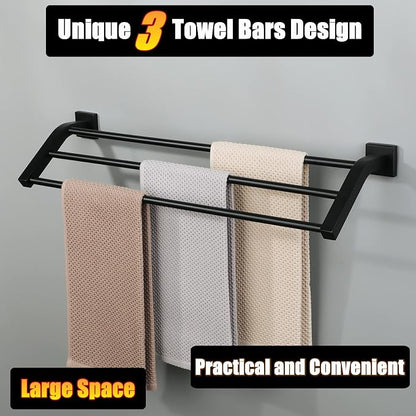 Alise GK9009 SUS304 Stainless Steel Bathroom Double Towel Bar Towel Rack Hanger (Matte Black, 24-Inch(3-Bars))