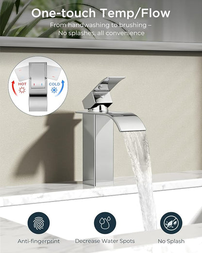 FORIOUS Bathroom Faucet 1 Hole, Waterfall Vanity Sink Faucet Chrome | Bathroom Sink Faucet 1 or 3 Hole, Square Single Handle with 24" cUPC Supply Line and Pop-up Drain, Fits RV Restroom Basin
