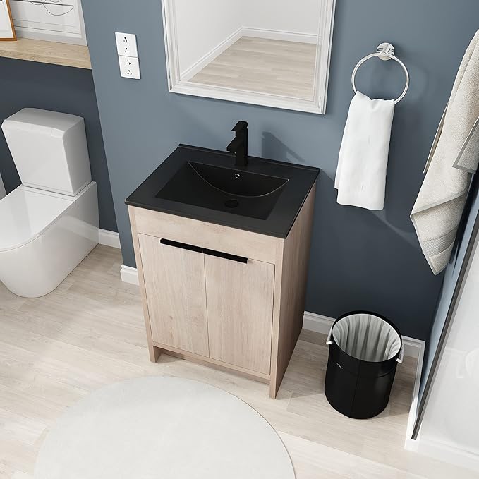SSLine 24-Inch Bathroom Vanity with Sink Mid-Century Bathroom Vanities with Black Top Basin Floor Wood Bathroom Sink Cabinet with Soft-Close Doors & Adjustable Storage Shelves (Light Oak)