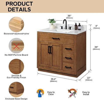 36-inch Dark Walnut Bathroom Vanity with Sink, Solid Wood, 0.79-inch Stone Countertop and Backsplash, 4 Drawers, 2 Soft Closing Doors