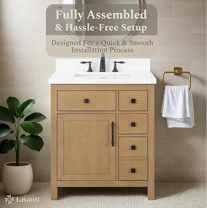 Lavanti Oakford 30 Inch Bathroom Vanity with Sink – Stylish Firwood Oak Vanity Bathroom with Storage Cabinet – Modern Bathroom Vanities with Single Vanity Sink & Quartz Countertop