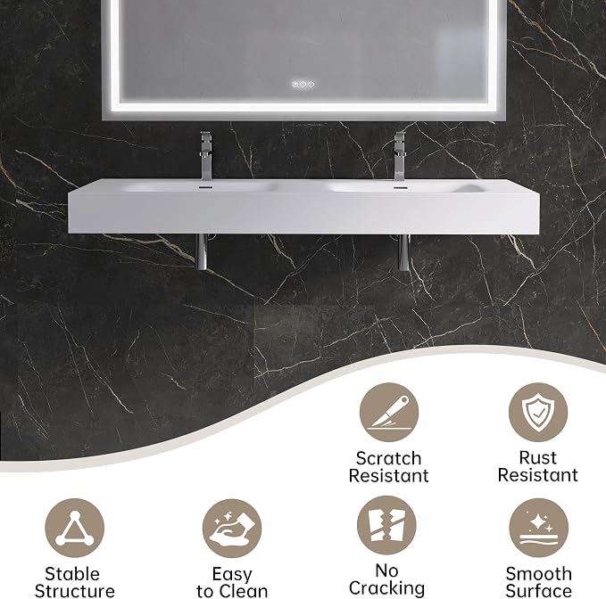 Wall Mount Double Bathroom Sink 59"L x 18"W x 5"H, Resin Stone Floating Sink with Facuet Holes, Rectangle Countertop Freestanding Vessel Sinks (Double Holes 59'')