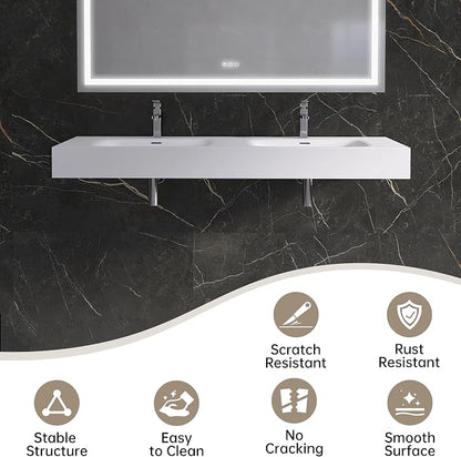 Wall Mount Double Bathroom Sink 59"L x 18"W x 5"H, Resin Stone Floating Sink with Facuet Holes, Rectangle Countertop Freestanding Vessel Sinks (Double Holes 59'')