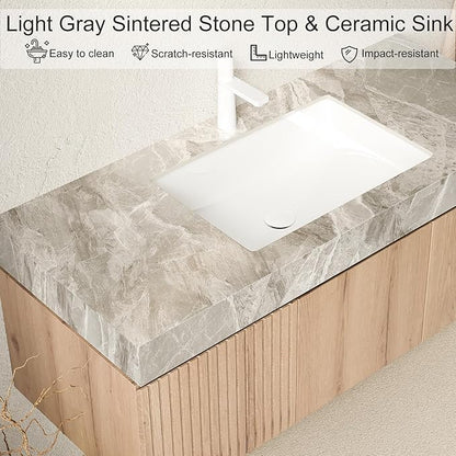 Ambrovina 36" Floating Bathroom Vanity with Sink, Modern Plywood Bathroom Storage Cabinet with Drawer and Door, Gray Sintered Stone Countertop and White Ceramic Basin, Pre-Assembled, Light Oak