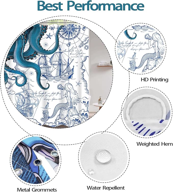 Fungarth Long Blue Nautical Octopus Shower Curtain Navy Mermaid Funny Ocean Kraken Shower Curtains for Bathroom Cool Anchor Coastal Map Waterproof Fabric Bath Curtain with Hooks (Blue, 72” x 78”)