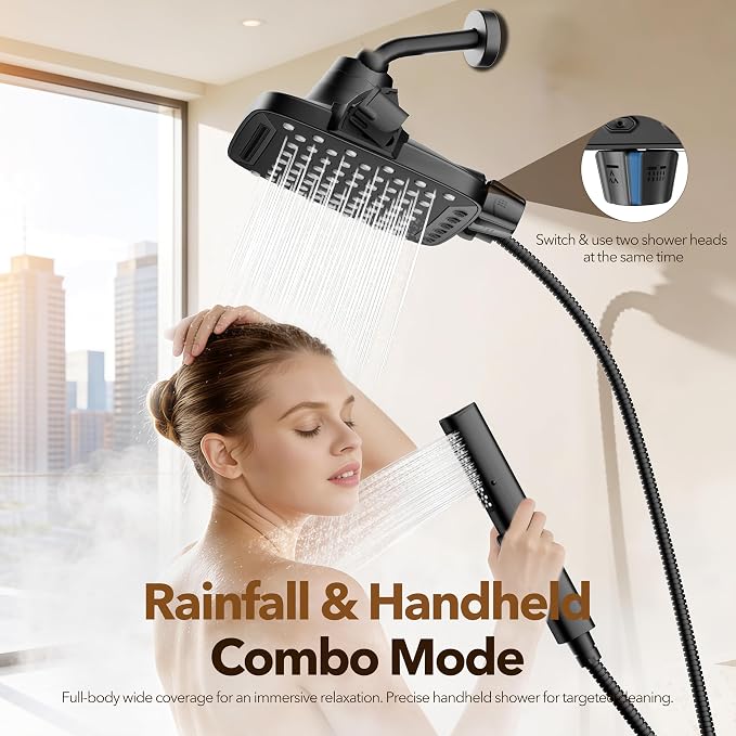 JDO High Pressure Rain Shower Head with Handheld Spray Matte Black | 7 Modes Dual Shower Head, 10-inch Rainfall Showerheads Combo, Detachable Hand Held Shower Wand, Power Jets, 71" Shower Hose