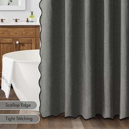 MIULEE Charcoal Grey Scalloped Linen Shower Curtain 72x72 Inches | Linen Textured, Waterproof, Washable, 12 Metal Hooks, Heavy Duty Cloth, Black Border, Shower Curtain for Bathroom Bathtub