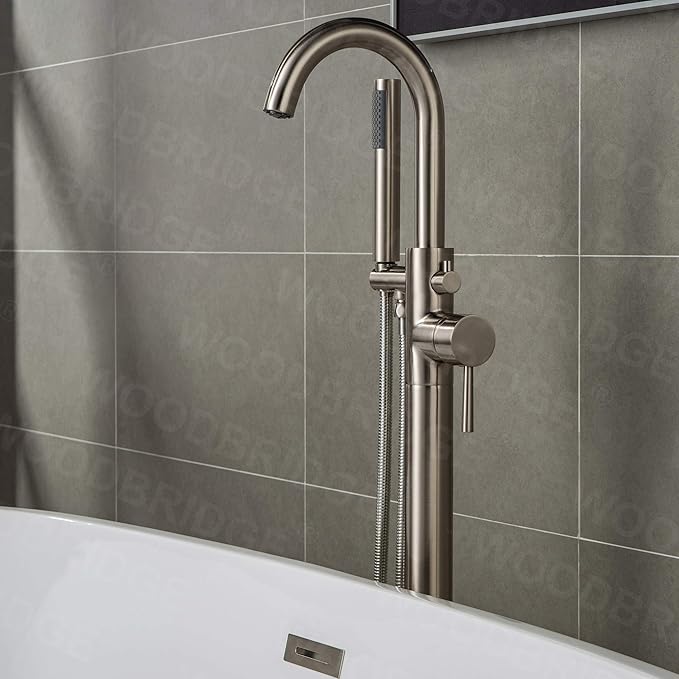 Woodbridge F0001BNRD Contemporary Single Handle Floor Mount Freestanding Tub Filler Faucet with Hand Shower in Brushed Nickel Finish