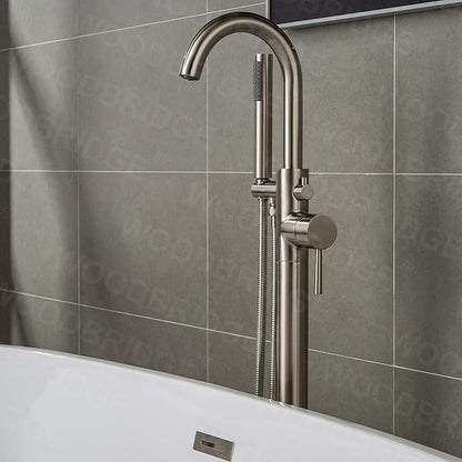 Woodbridge F0001BNRD Contemporary Single Handle Floor Mount Freestanding Tub Filler Faucet with Hand Shower in Brushed Nickel Finish