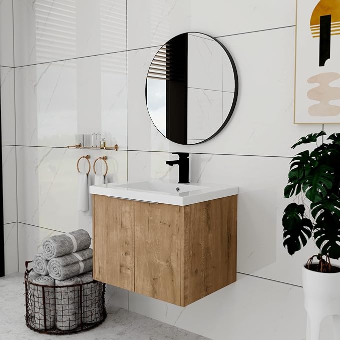 24 Inch Bathroom Vanity with Sink, Modern Wall Mount Floating Bathroom Vanity Set, Brown Vanity, Ceramic Sink and Soft Close Door
