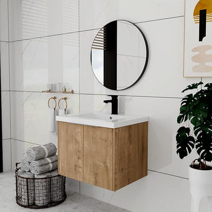 24 Inch Bathroom Vanity with Sink, Modern Wall Mount Floating Bathroom Vanity Set, Brown Vanity, Ceramic Sink and Soft Close Door