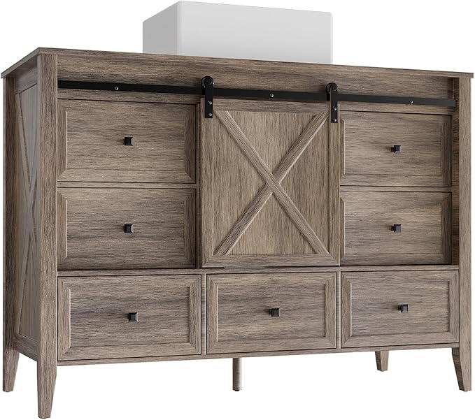 VNN Bathroom Vanity with Sink - 48 Inch Bathroom Vanity with Sink Ceramic, Freestanding Cabinet with Farmhouse Sliding Barn Door and 7 Drawers, Space-Saving Storage Cabinet, Wood Grain Texture, Grey