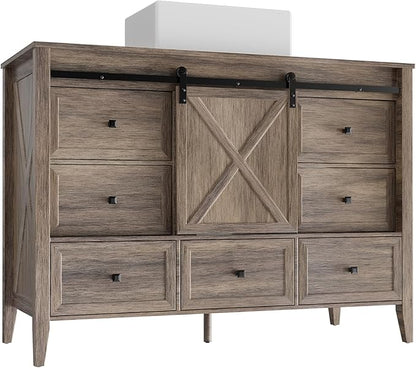 VNN Bathroom Vanity with Sink - 48 Inch Bathroom Vanity with Sink Ceramic, Freestanding Cabinet with Farmhouse Sliding Barn Door and 7 Drawers, Space-Saving Storage Cabinet, Wood Grain Texture, Grey