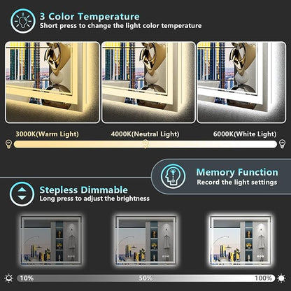 30x36 LED Bathroom Mirror, Backlit & Front Lit Lighted Mirror | Anti-Fog Vanity Mirror with Lights, 3 Color Dimmable, Memory, HD Tempered Glass, CRI95, IP54, UL Listed, Horizontal/Vertical