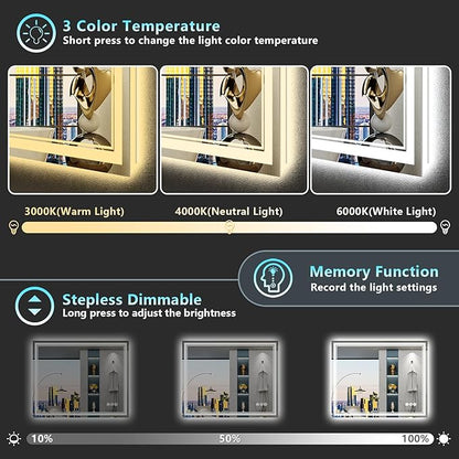 44x32 LED Bathroom Mirror, Backlit & Front Lit Lighted Mirror | Anti-Fog Vanity Mirror with Lights, 3 Color Dimmable, Memory, HD Tempered Glass, CRI95, IP54, UL Listed, Horizontal/Vertical