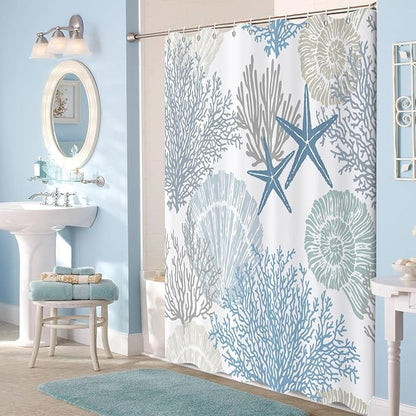 Nautical Coastal Shower Curtain, Blue Ocean Beach Seashell Starfish Themed Bathroom Curtain Waterproof Fabric Machine Washable with Hooks, 72" Wx96 L