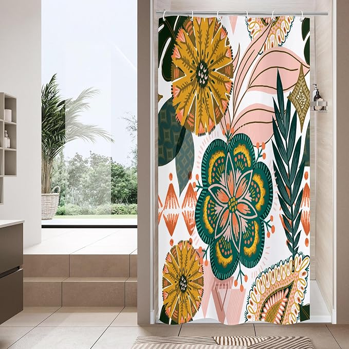Boho Floral Shower Curtain, White & Pink Botanical Curtain, 36 x 72 | Boho Chic Floral, Vintage Botanical, Modern Farmhouse, Eclectic Rustic, Colorful Flowers, Fabric Shower Curtain