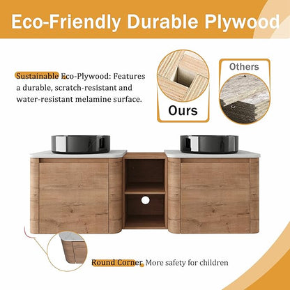 Malwee 60" Floating Bathroom Vanity with Sink, 60 Inch Wall Mounted Bathroom Cabinet Combo, Modern Double Sink Bath Storage Vanity Set, with 2 Soft Close Doors and Ceramic Vessel Basin Top(60-RR