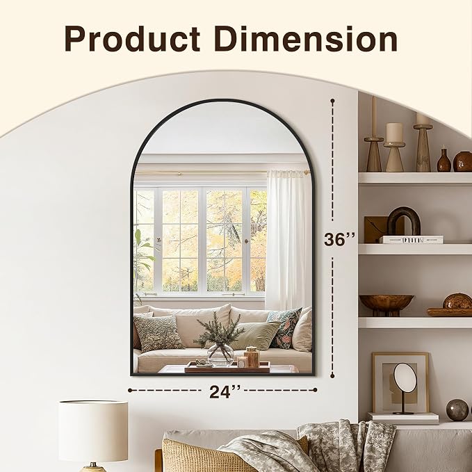 Arched Bathroom Vanity Mirror for Over Sink, 36”x24”, Black | HD Tempered Glass, Anti-Rust Metal Frame, Hanging or Leaning, Wall Mirrors for Bathroom Sink, Bedroom, Living Room, Entryway
